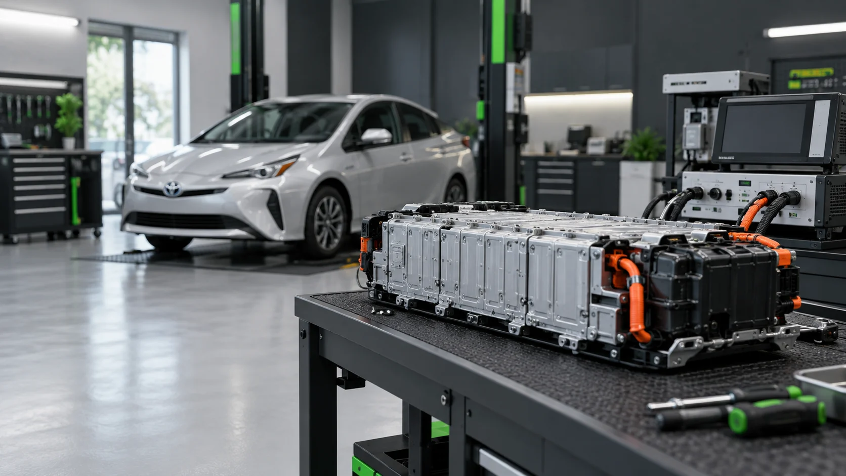 Toyota hibridas ir baterijos testavimo įranga techninėje EVBaterija.lt veiklos iliustracijoje