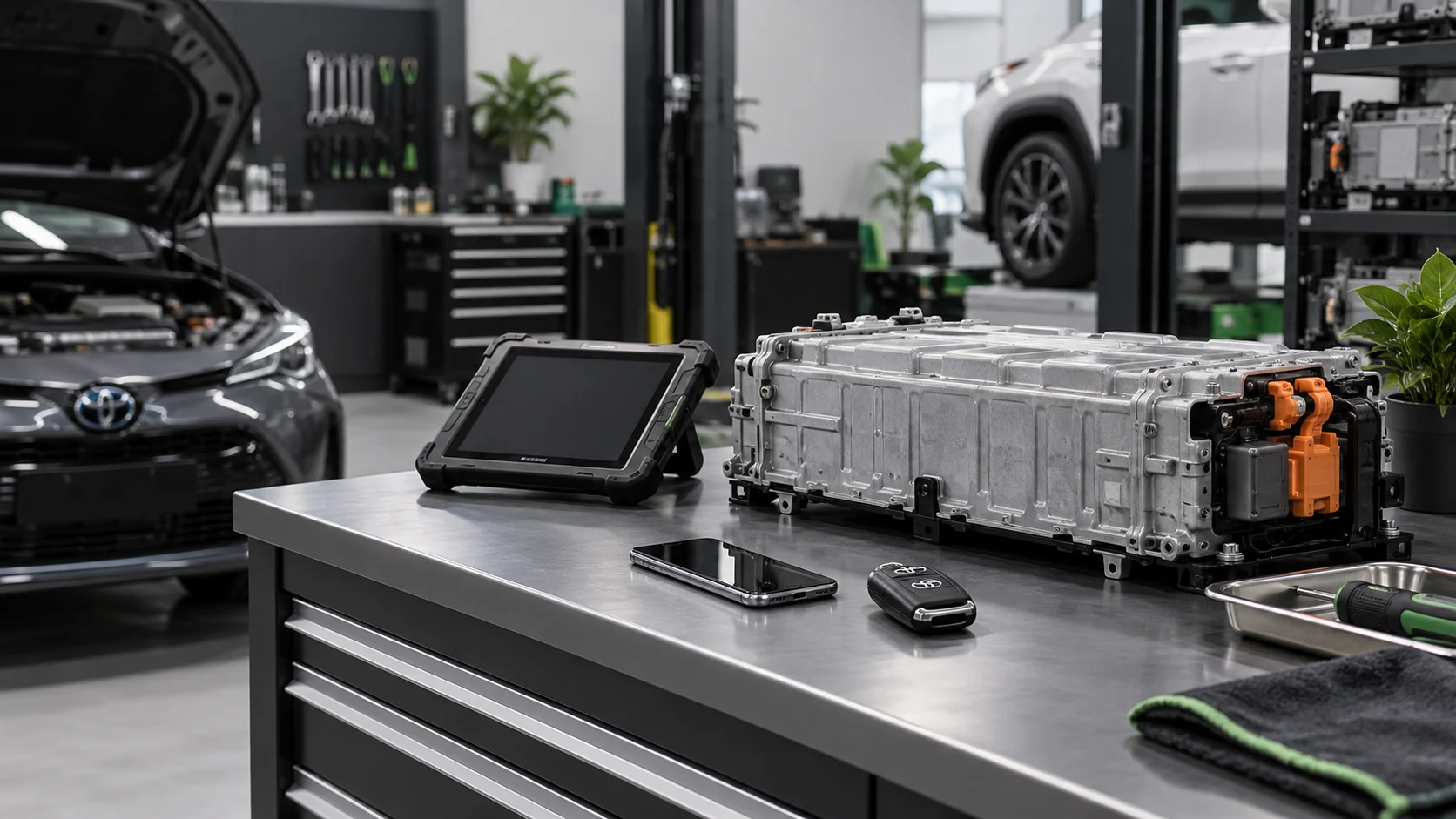 Telefonas, automobilio raktas ir hibridinės baterijos diagnostikos įranga