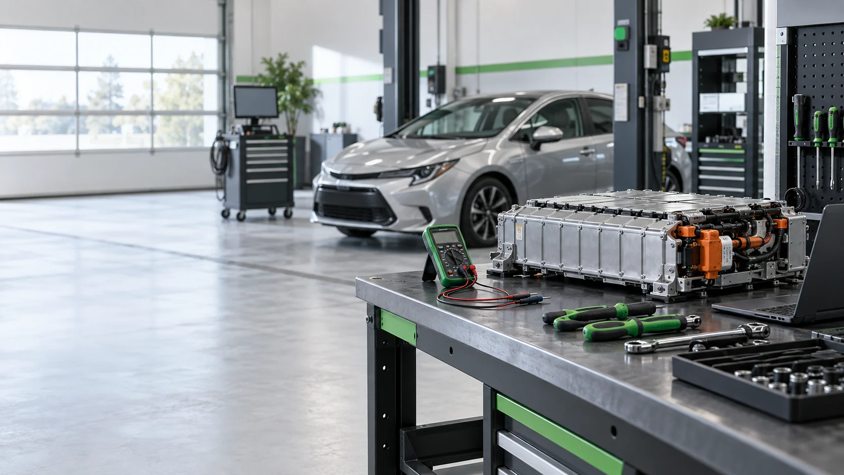 Hibridinio automobilio baterija ir diagnostikos įranga tvarkingame techniniame servise